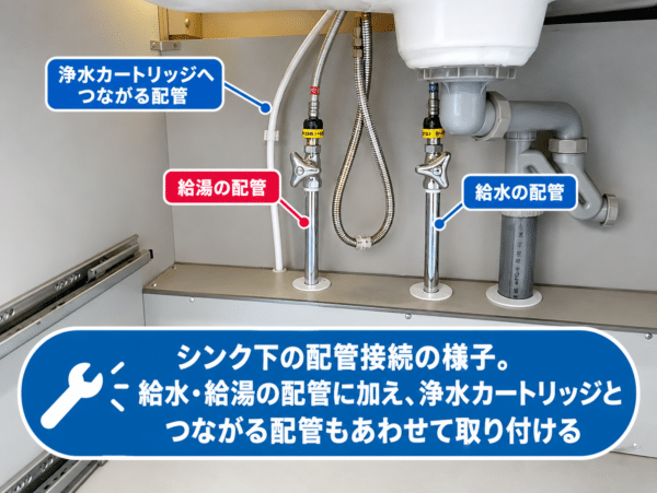 シンク下の配管接続の様子。給水・給湯の配管に加え、浄水カートリッジとつながる配管もあわせて取り付ける